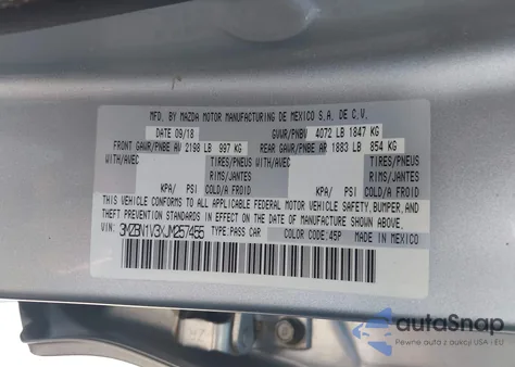 2018 Mazda Mazda3 Touring z USA, uszkodzony, nr VIN 3MZBN1V3XJM257455